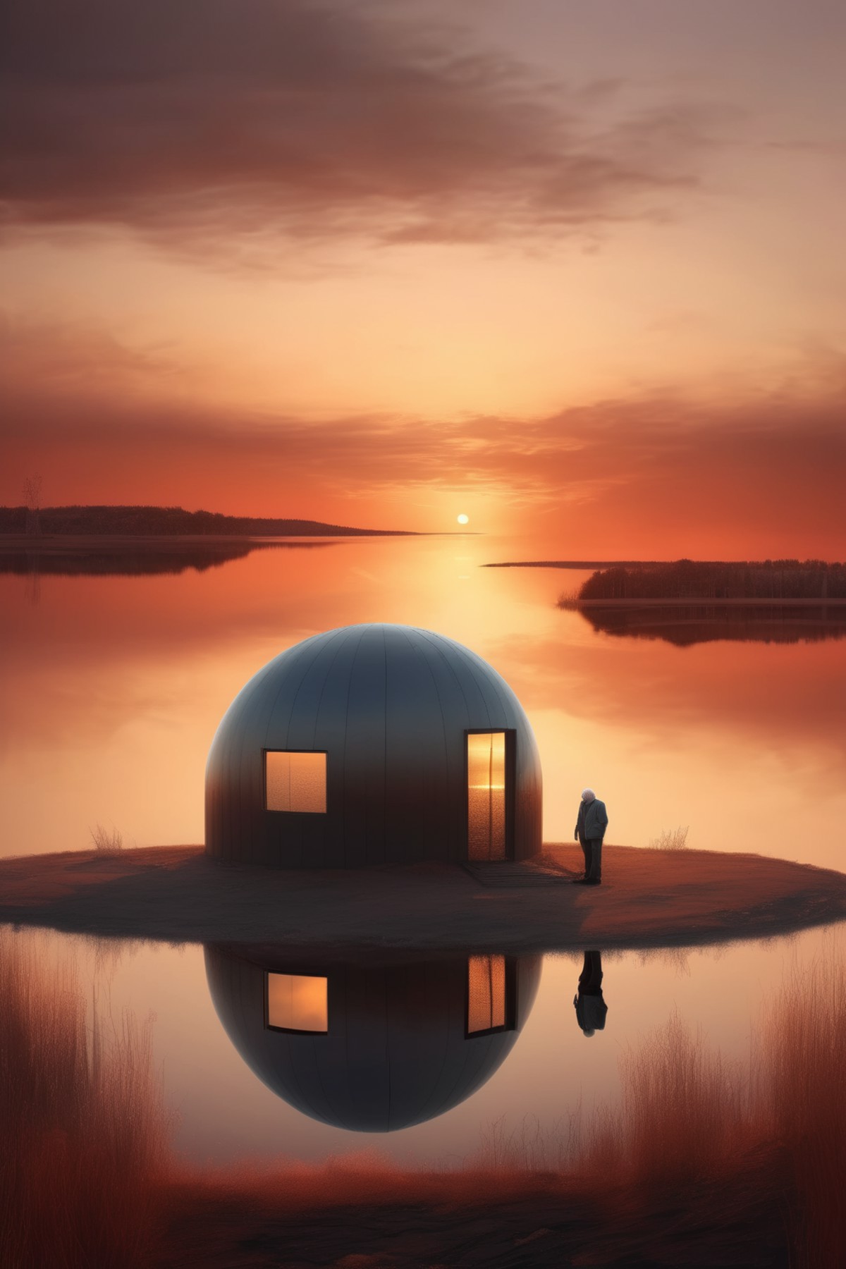 <lora:Erik Johansson Style:1>Erik Johansson Style - At sunset, on the surface of Lake Belga, there is a small building wit...